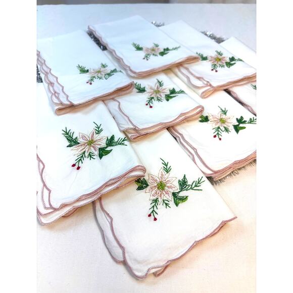 Vintage Christmas Napkins Poinsettia Design Mauve Scalloped Edge Set of Eight - Picture 3 of 6